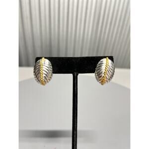 Textured Silver Tone Gold Accent Ribbed Oval Leaf Earrings Women’s Classic Post